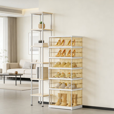 Foldable Shoe Rack With Doors – Stackable Plastic Shoe Storage Organizer (Brown)