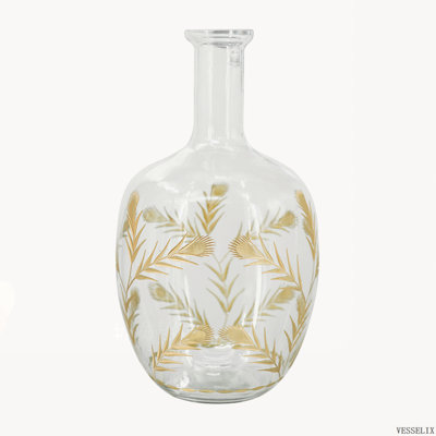 D9.1 "x16.1" Vase décoratif en verre incurvé avec cou allongé, motifs floraux dorés, vase de centre de table