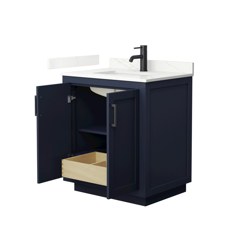Miranda 30" Freestanding Single Bathroom Vanity with Quartz Top, Dark Blue, Giotto Quartz, Matte Black