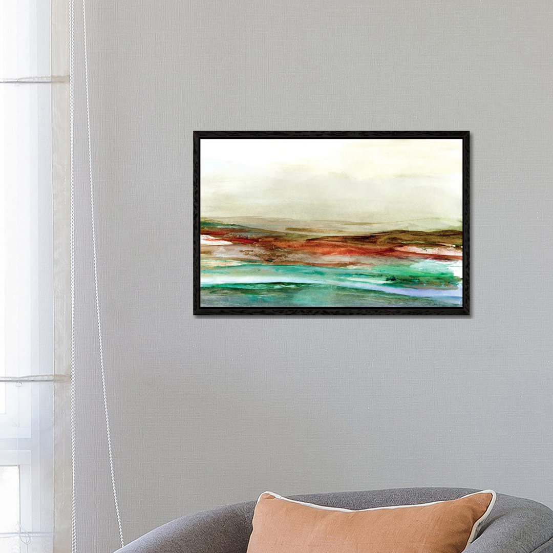 Teal Red Landscape Watercolor von Jae Landow - Galerie-verpackte Leinwand Giclée auf Leinwand