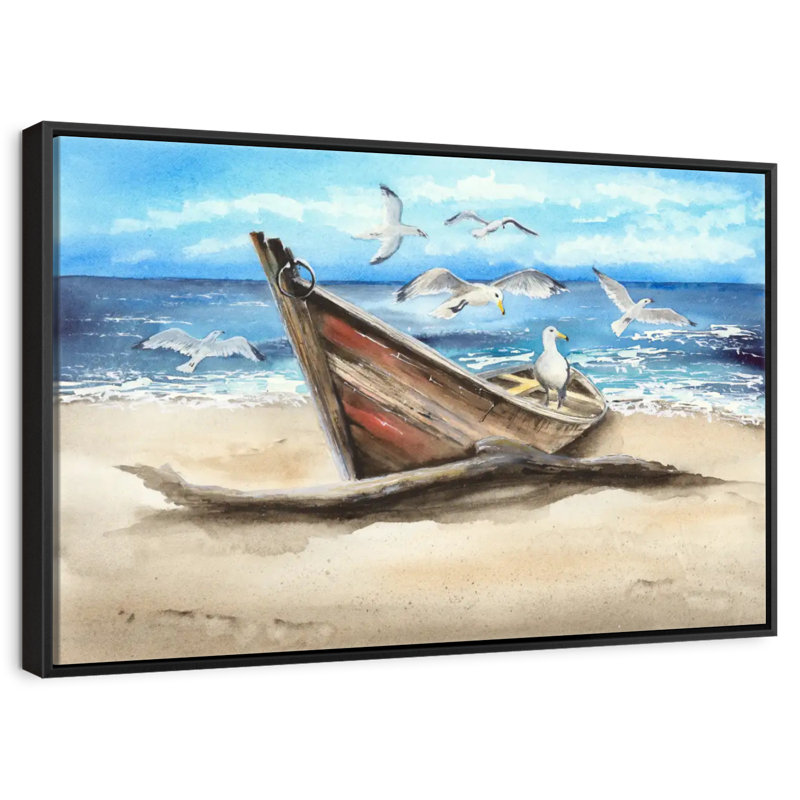 Mouettes et bateau, 25 po x 17 po, Cadre flottant noir