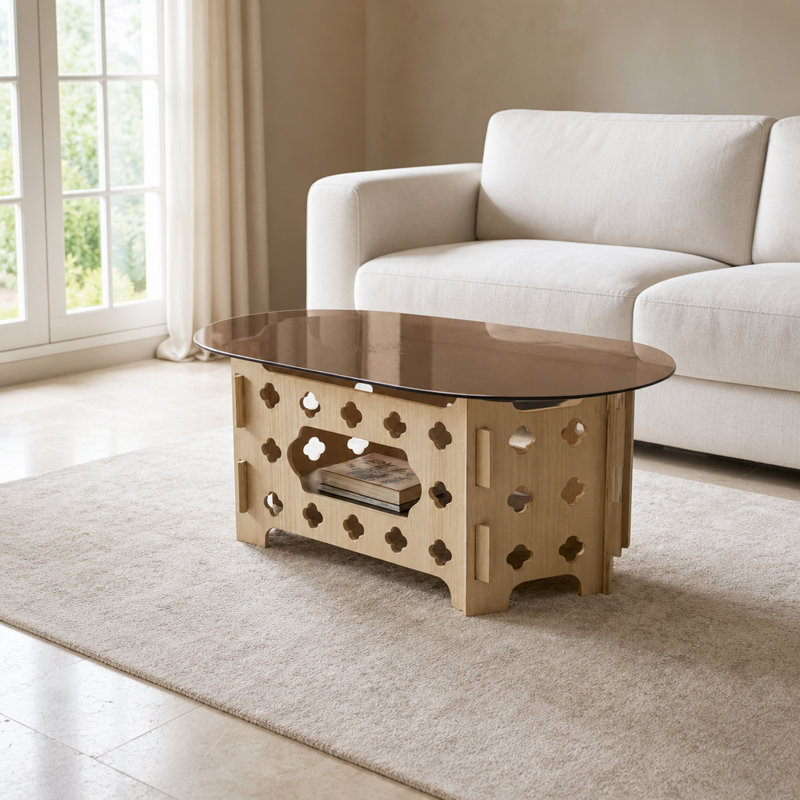 Table basse ovale multifonctionnelle avec nid caché pour animal de compagnie, plateau en verre trempé et base en bois massif sculpté