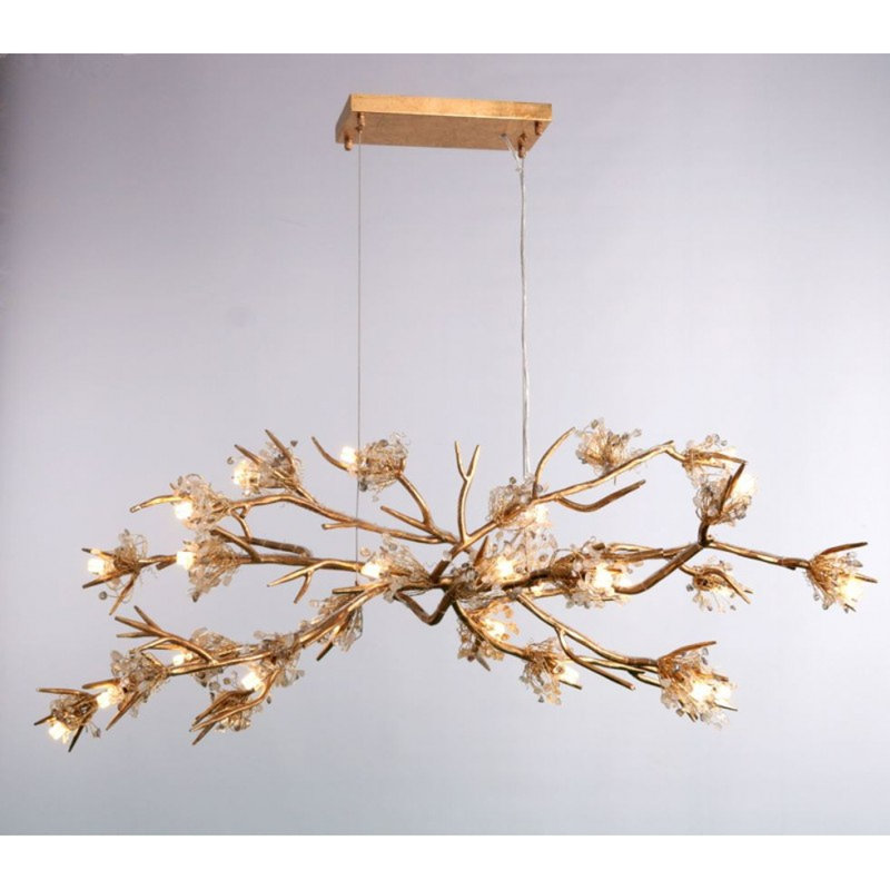 Light Sputnik Modern Linear Brandolini Branch Chandelier, Burnished Brass, 28" H x 126" W x 36" D, Amber