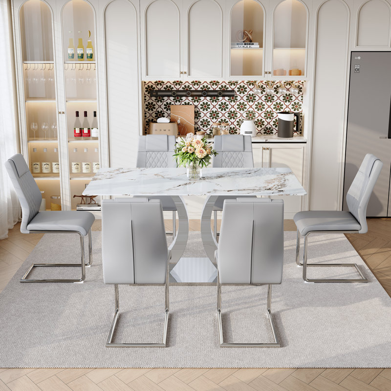 Ensemble de table et chaises de cuisine Elegant, 7 pièces : table, 6 chaises, Gris clair