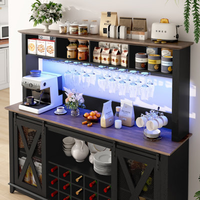 63"W Farmhouse Coffee Bar Cabinet With Wine Rack And Storage, Wine Bar Cabinet With Power Outlet & LED Light, Adjustable Shelf For Tea Liquor Wine, Kitchen Buffet Cabinet W/Sliding Barn Door & 15 Wine And Glass Racks For Kitchen Dining Room