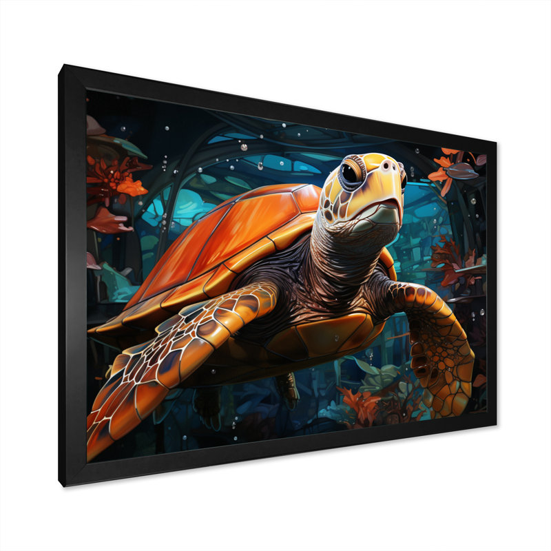 Turtle Journey Floral Geometric - Tortue, art mural sur toile, H 16 po x l 32 po x P 1 po, Cadre simple noir