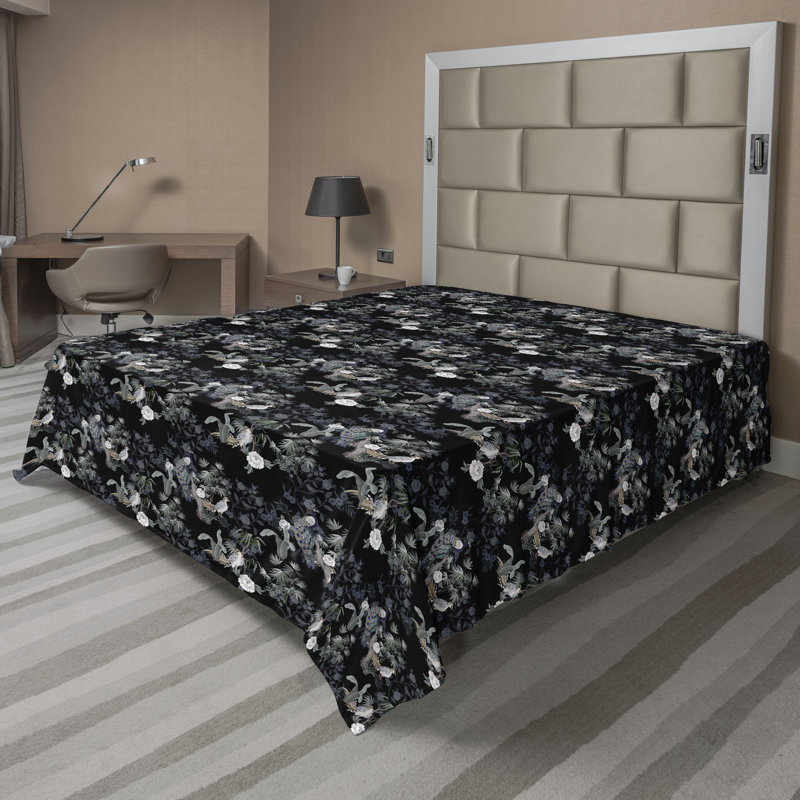 Drap plat exotique rétro bohémien à feuilles gris anthracite et vert sauge