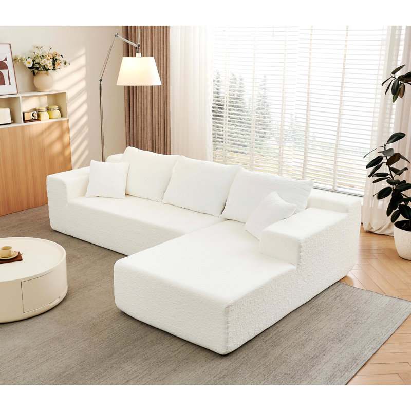 Canapé modulaire 104 po avec méridienne en forme de L, 3 sièges, chenille blanche, siège profond, sans assemblage, cinq coussins décoratifs, modulaire spacieux, tissu chenille, modulaire, minimaliste
