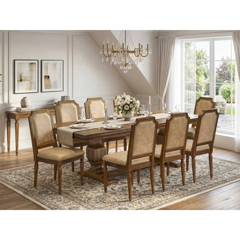 9-piece Dining Room Set consists of a Dining Table and 8 Beige PU Leather Kitchen Chairs with High Back-Antique Walnut Finish