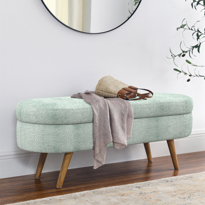 Banc de rangement ovale, pieds en bois d'hévéa, 43,5 po x 16 po x 16 po, cyan, fabriqué à la main, repose-pieds ou siège, cadre, option cyan fabriqué, utilisation, caractéristique