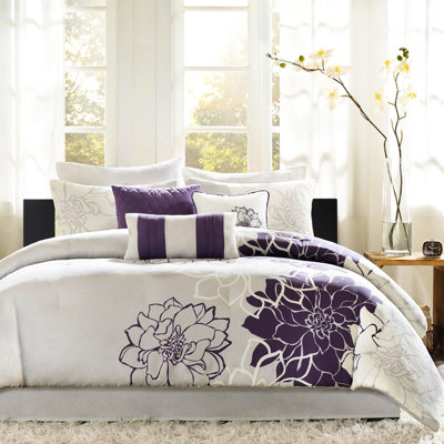 Édredon très grand en coton gris / mauve taupe, avec jupe de lit et 3 coussins décoratifs, taies décoratives imprimées