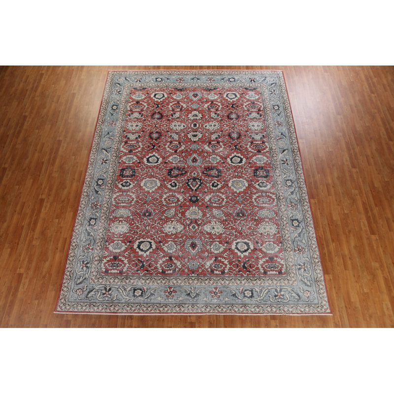 Tapis turc rouge / bleu clair / bleu marine / ivoire noué à la main de conception unique 9 pi 9 po x 13 pi Sultanabad Ziegler