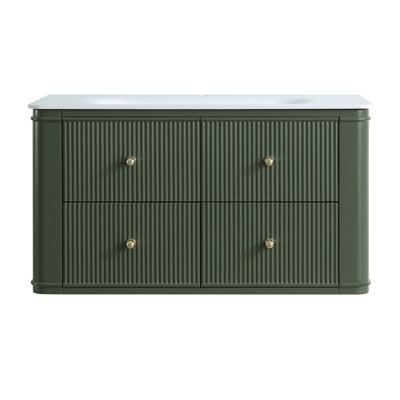 Meuble-lavabo mural cannelé moderne 36 po, structure en bois massif avec lavabo en acrylique intégré et 2 tiroirs à fermeture en douceur (vert)