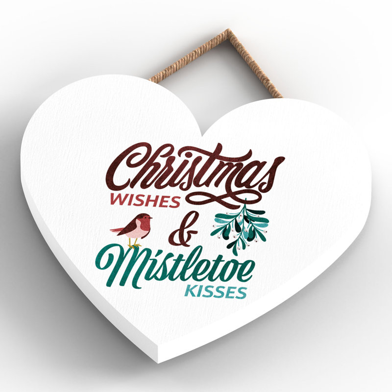 Wishes Kisses Wooden Heart Hanging Plaque, 10cm H x 9cm W x 0.5cm D