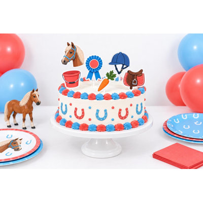 Décorations de gâteaux de poney club, cheval de corail bleu, rosette, selle de cheval, choix de gâteaux d'anniversaire en papier cartonné équestre