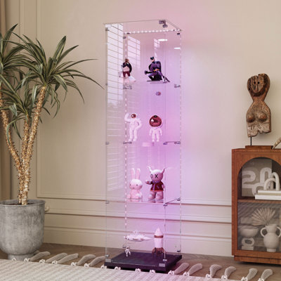 Tempered Glass Display Cabinet With Bluetooth LED Light, Lock, And Casters For Safe And Stylish Storage In Living Spaces