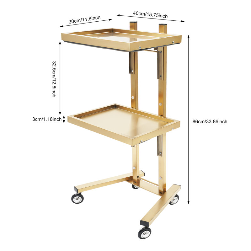 15.75" 2 Tier Tray Cart Trolley Collapsible Utility Cart Salon Storage Stand With Wheels