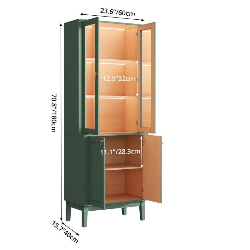  71" W Modular Library Bookcase with Glass Doors, Integrated LED Lighting, Brass-Colored Hardware & Genuine Leather Loop Pulls, Large Sage Green Wall Unit with Drawers and Storage Cabinets