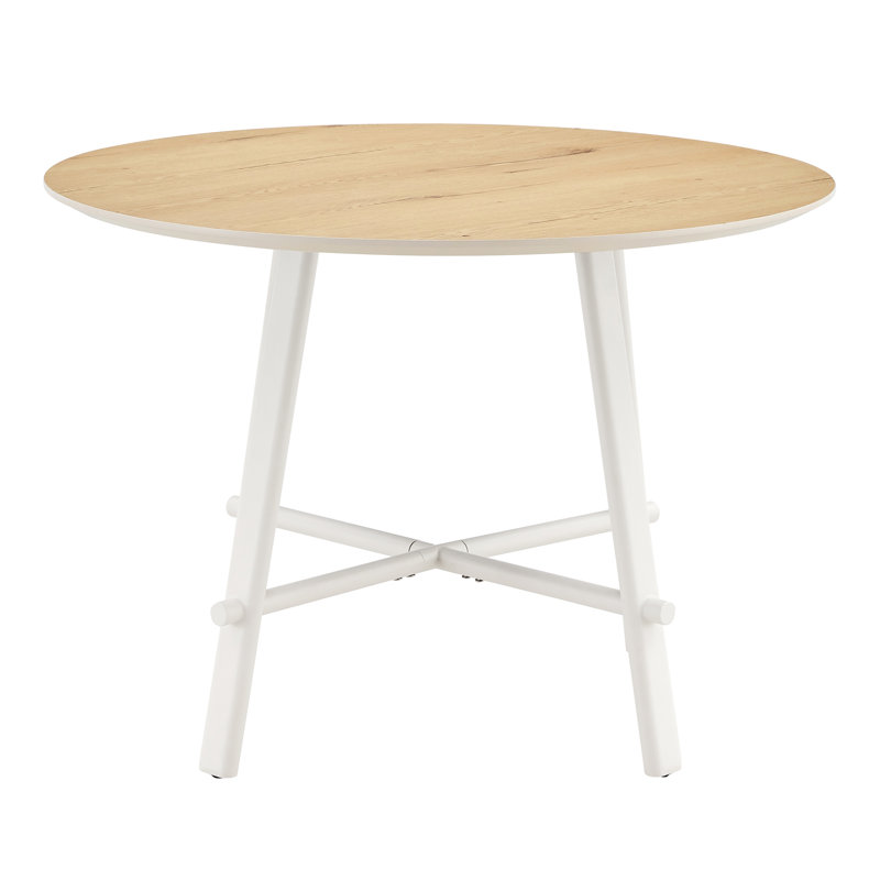  Table de salle à manger ronde moderne avec plateau à motif en bois de 42 pouces et pieds en métal blanc pour la maison ou le bureau, brun