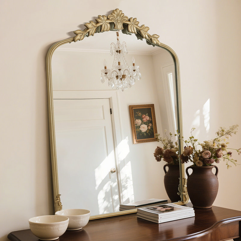 Vintage Metal Wall Mirror – Ornate Antique Vanity Mirror with Iron Frame, Gold, 36” x 28”