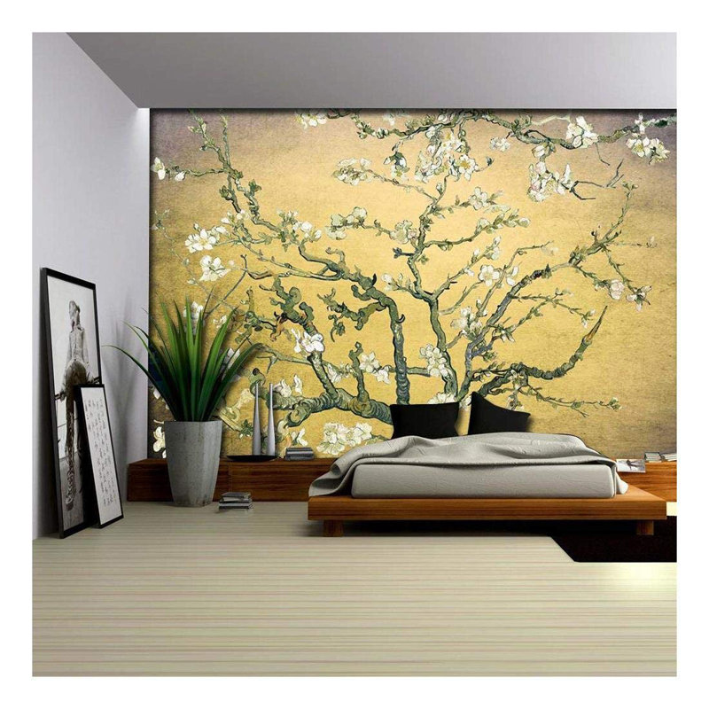 Almond Blossom Vincent Van Gogh, Floral Mural, Vintage Boho Removable Contact Paper, 144" W x 100" L, Jaune / lavande