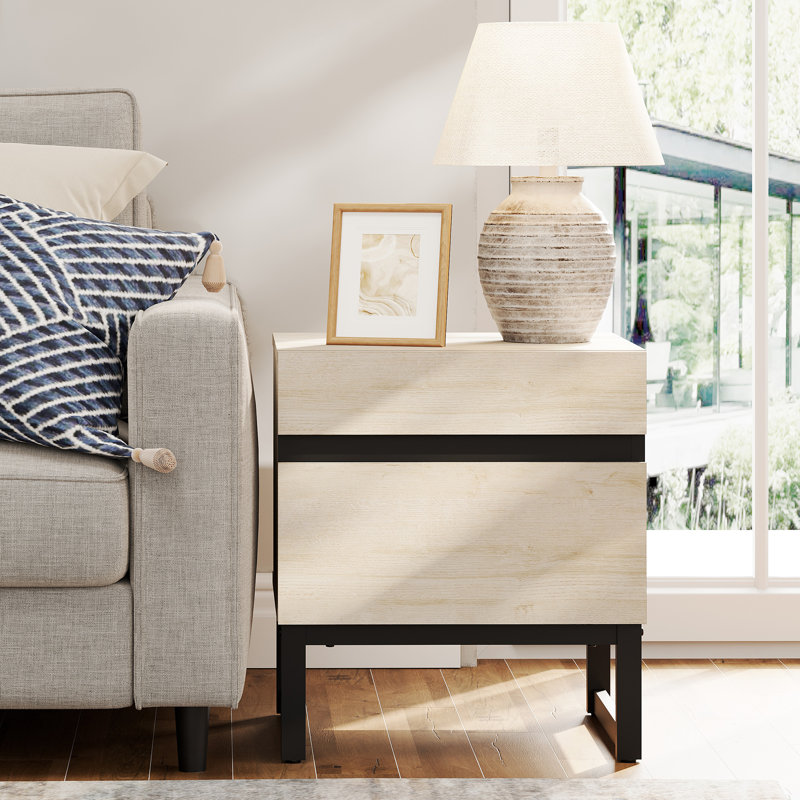 Aadam Modern End Table With 2 Drawers, Farmhouse Sofa Table, Wooden Rustic Side Sofa Table With Metal Leg For Living Room, Nighstand For Bedroom