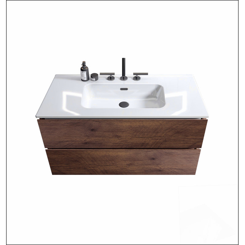Meuble-lavabo mural 36 po en noyer avec lavabo en céramique et trois trous de robinet, grand meuble-lavabo flottant de rangement pour salle de bain moderne, pré-assemblé