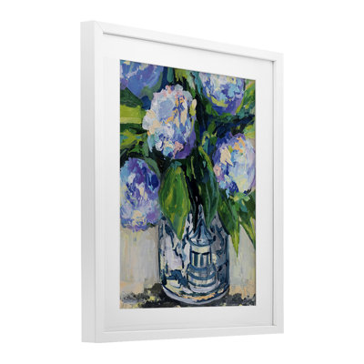 «Blue China Hydrangeas», reproduction d'art sous verre encadrée par Jeanette Vertentes