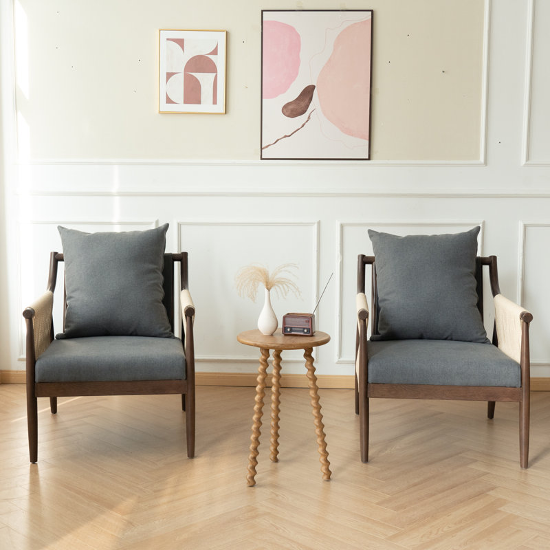 Modern Upholstered Accent Armchair with Paper-Rope Weaving, Grey Linen Fabric, Gray 