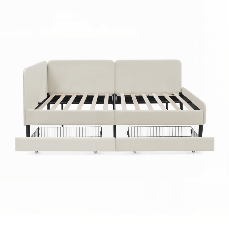 Upholstered Platform Bed Frame with Drawers, Beige, Full