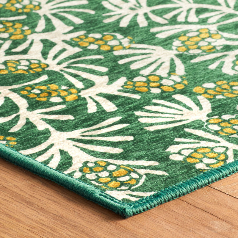Machine Woven Polyester Floral Area Rug in Green/Yellow/Cream, Rectangle 3' x 5'