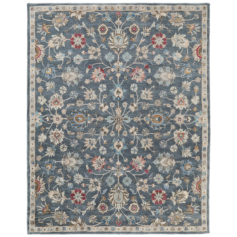 Tapis bleu / rouge / gris en coton touffeté à la main Atlandida, Rectangle 9 pi x 12 pi