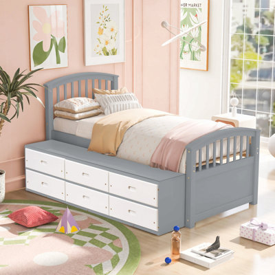 Twin Size Platform Storage Bed Solid Wood Bed With 6 Drawers