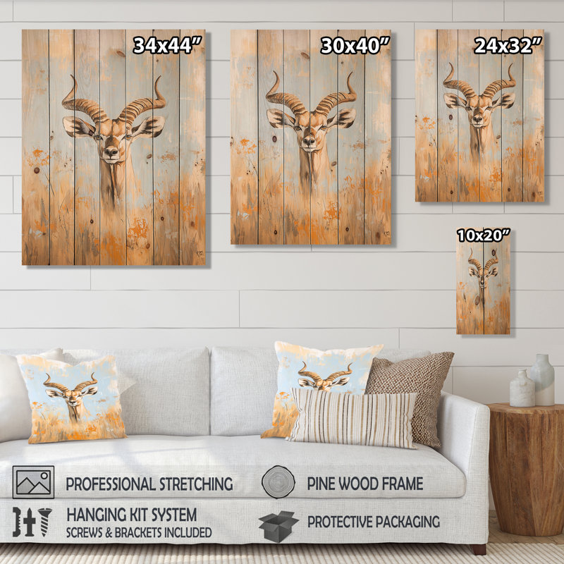 Antilope d'Afrique, cornes en spirale IV - art mural moderne en bois sur bois de pin naturel, H 20 po x l 10 po