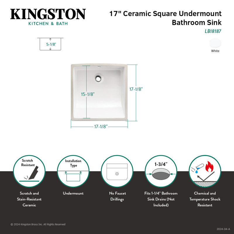 Cove Ceramic Square Undermount Bathroom Sink with Overflow, White