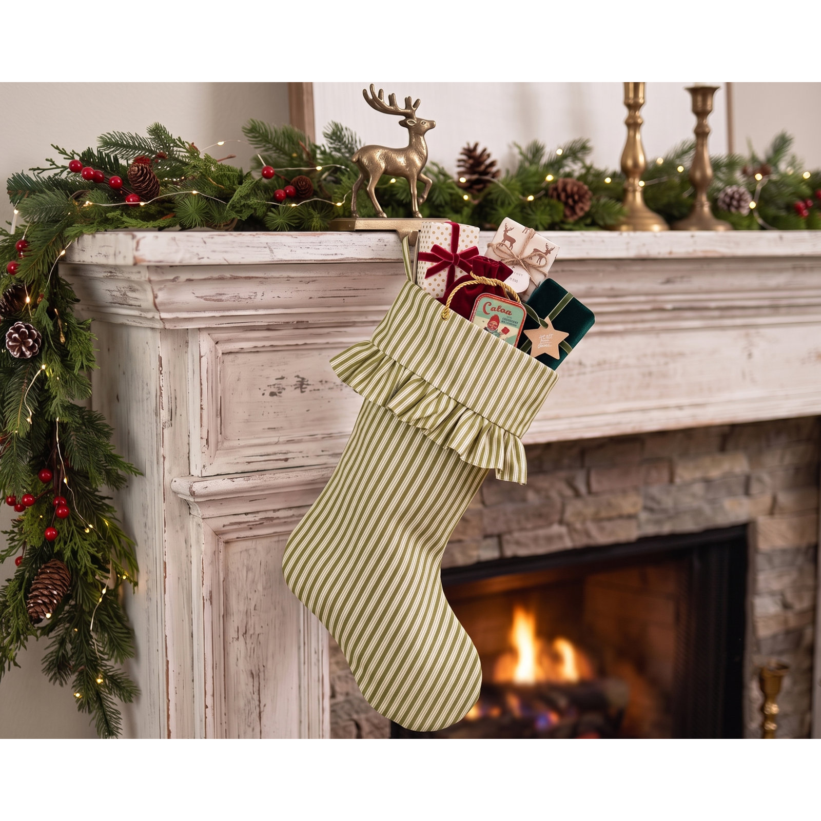 Polo Stripe Ruffled Christmas Stocking, Green