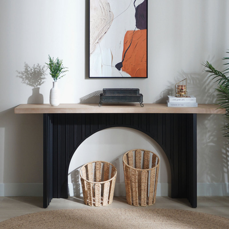 Console moderne minimaliste avec base en arche noire et plateau en bois naturel, console de 66 po de longueur