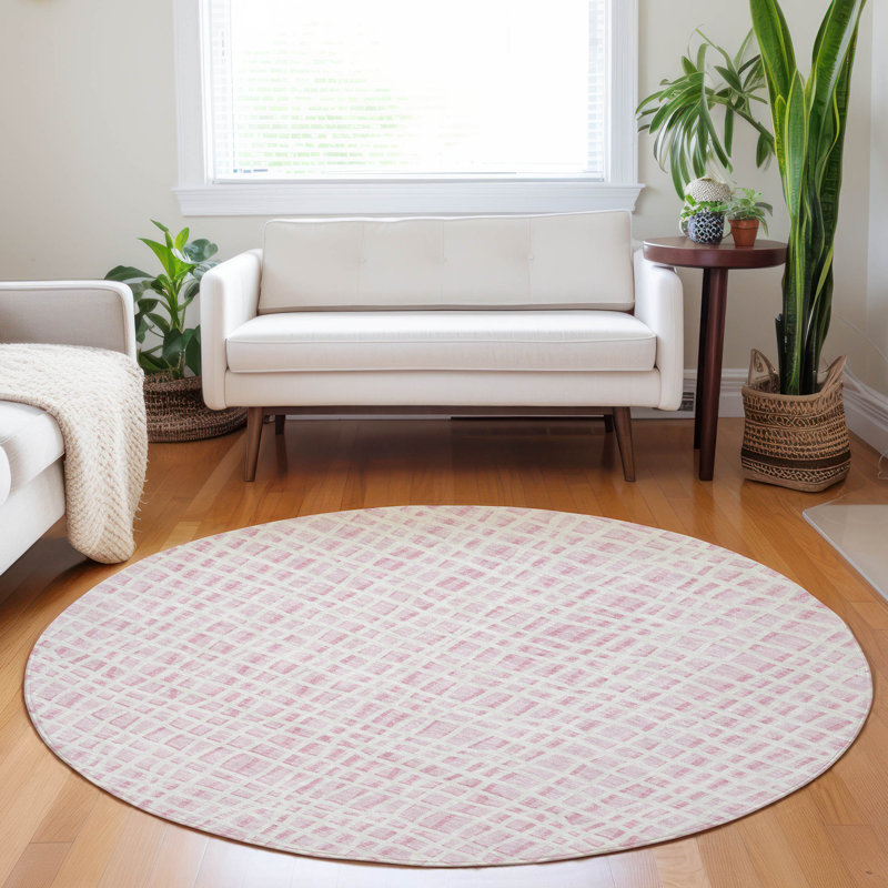 Premium Machine Washable Prisco Pink Rug, Round 8'