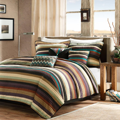 Courtepointe multicolore simple / simple TG avec fonction réversible, microfibre, fines rayures et zigzag, 3 coussins décoratifs à motif zag, décor, maille, rayures sarcelle mauve, tons décoratifs