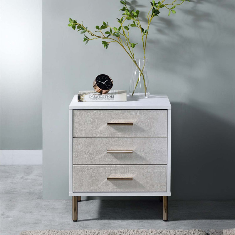 Table de chevet Myles, finition blanche, champagne et or