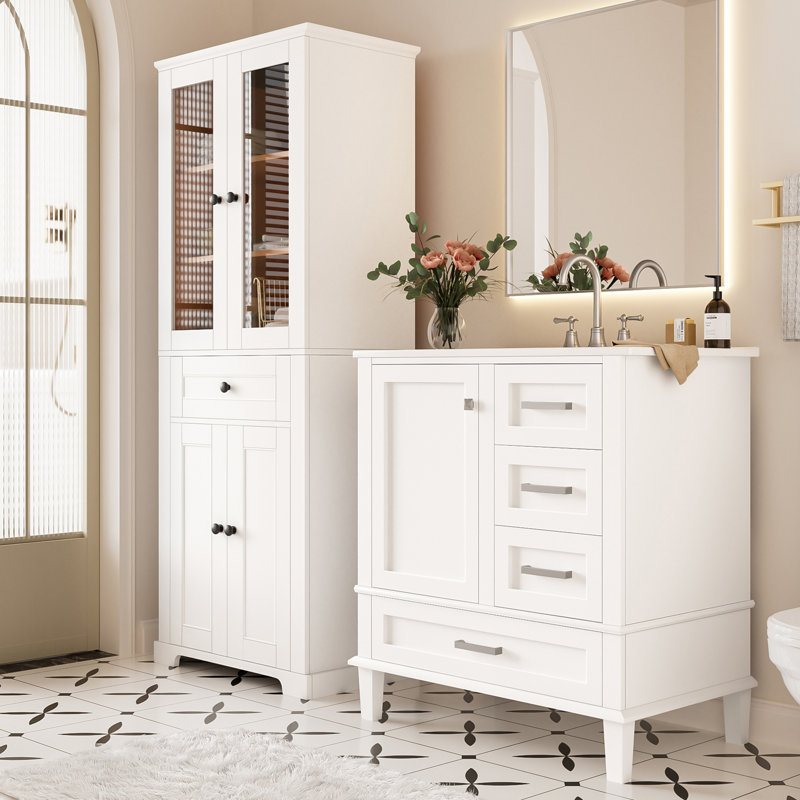 Ensemble de meuble-lavabo de 67,57 po de hauteur et meuble-lavabo de 30 po avec lavabo, ensemble d'armoires modernes autoportantes avec portes en verre, rangement de tiroir, tablettes réglables et conception à fermeture en douceur