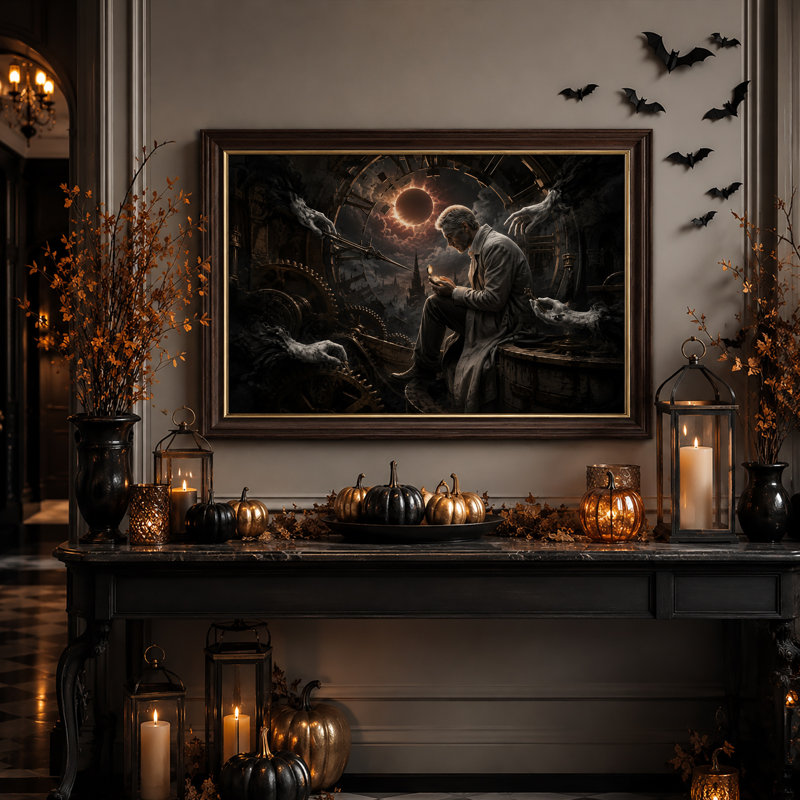 Homme Steampunk avec montre de poche et engrenages géants - Toile murale d'Halloween, 12"H x 18"W