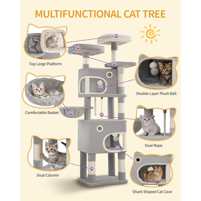 180 cm Cat Tree for Indoor Cats, Cat Tower, Multi-Level Cats Condo with 8 Scratching Posts, 3 Platforms, 2 Caves, Basket, Plush Balls, Sisal Rope, Anti-Tip Kit 