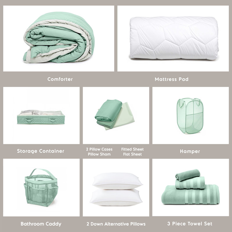 Back to College Kit, Twin xl Bed in a Bag With College Essentials, Sage
