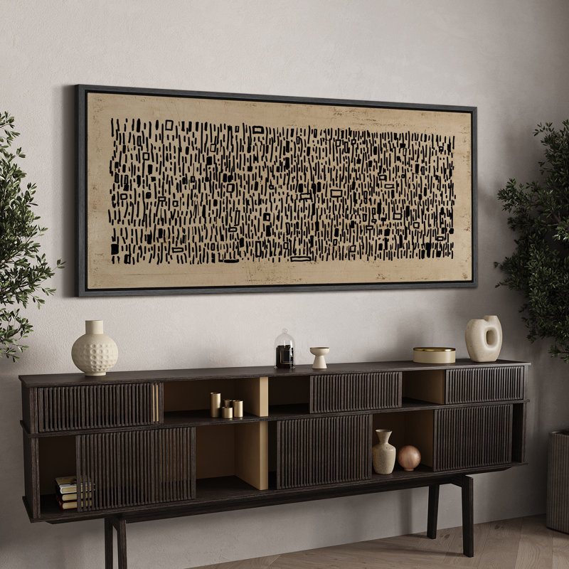 Geometric Line "Brown Black Wabi Sabi Abstract Artwork, Mid Century Modern Neutral Wall Pictures, Extra Large Framed Canvas Giclee Print Wall Art"