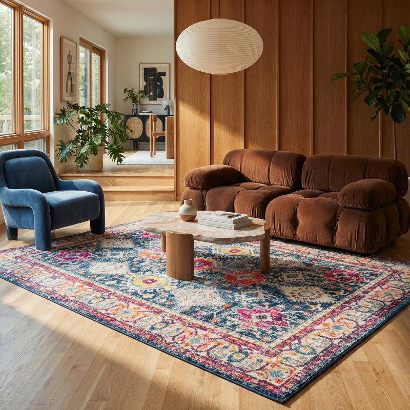 Tapis bleu marine à motif abstrait Kymiere, Rectangle 3 pi 9 po x 5 pi 6 po