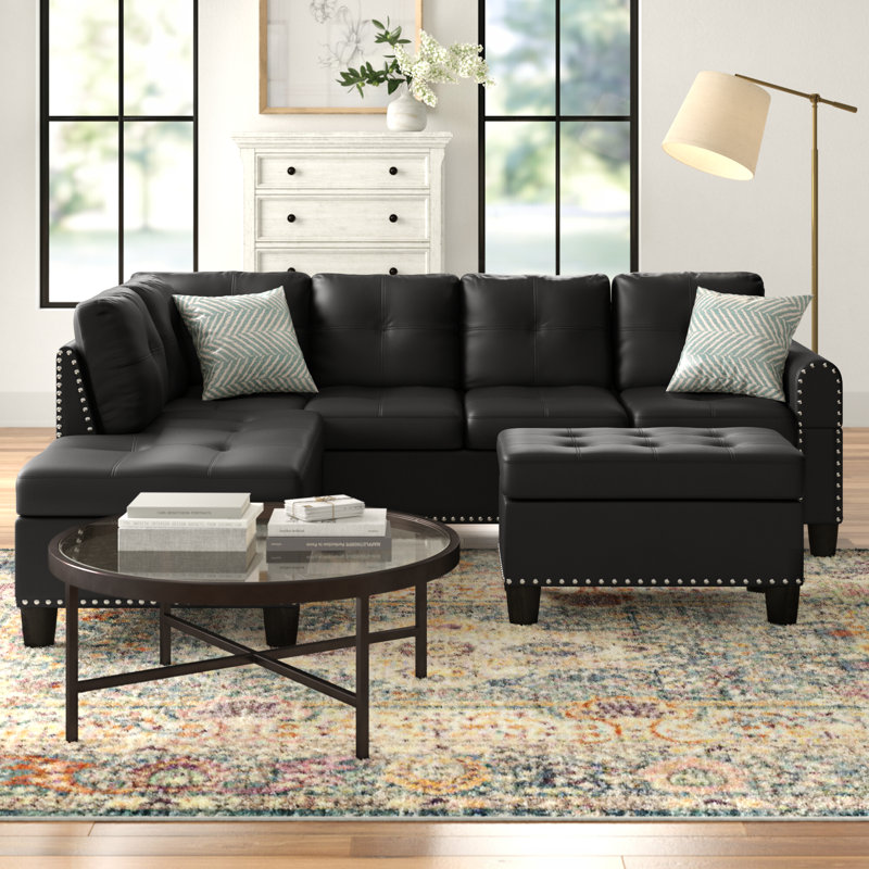 Alger Upholstered L-Shaped Sectional Left Hand Facing, Black Faux Leather
