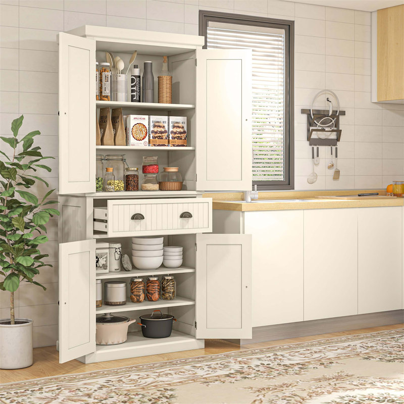 Grand garde-manger autoportant avec tablettes réglables, tiroir et portes magnétiques pour un rangement efficace et une élégance campagnarde