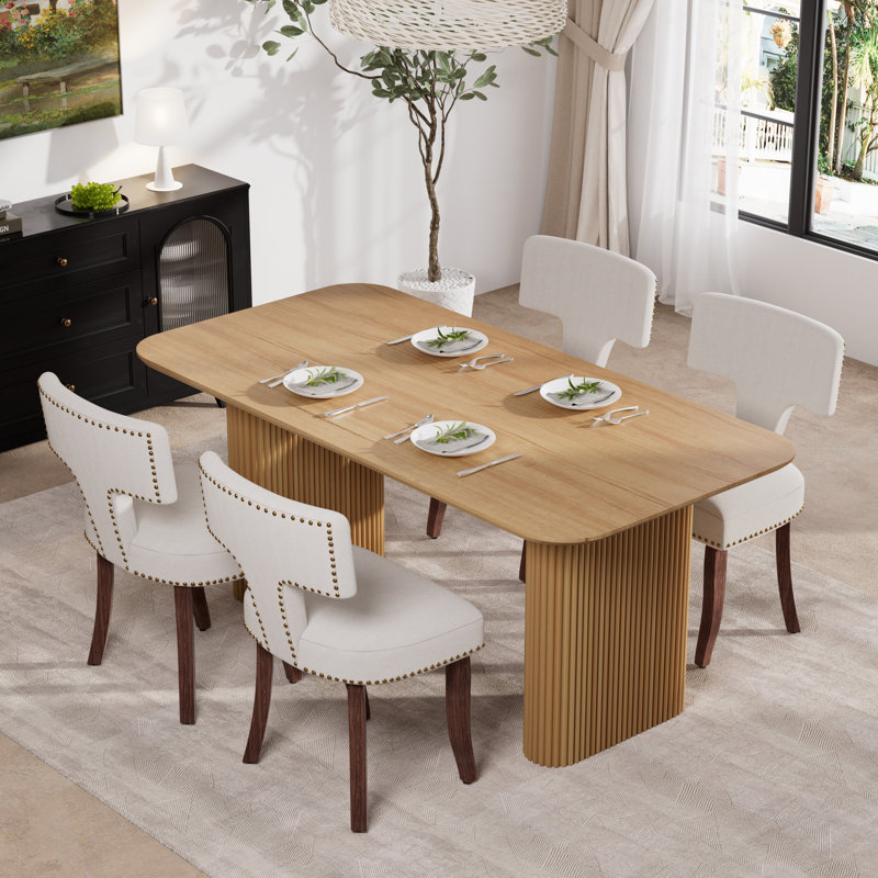 Rectangular Wooden Dining Set with Upholstery Dining Chair, Black, 5, Beige