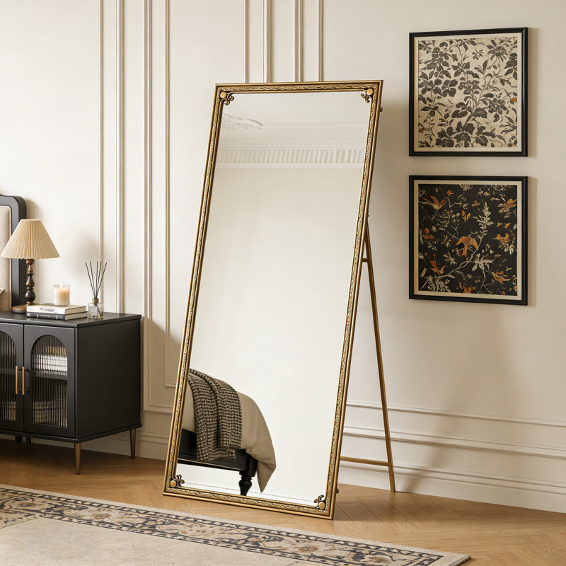 Miroir de plancher pleine longueur or antique, grand miroir de 70 po x 32 po, à poser ou à fixer au mur pour la chambre à coucher et le salon | Idée de cadeau